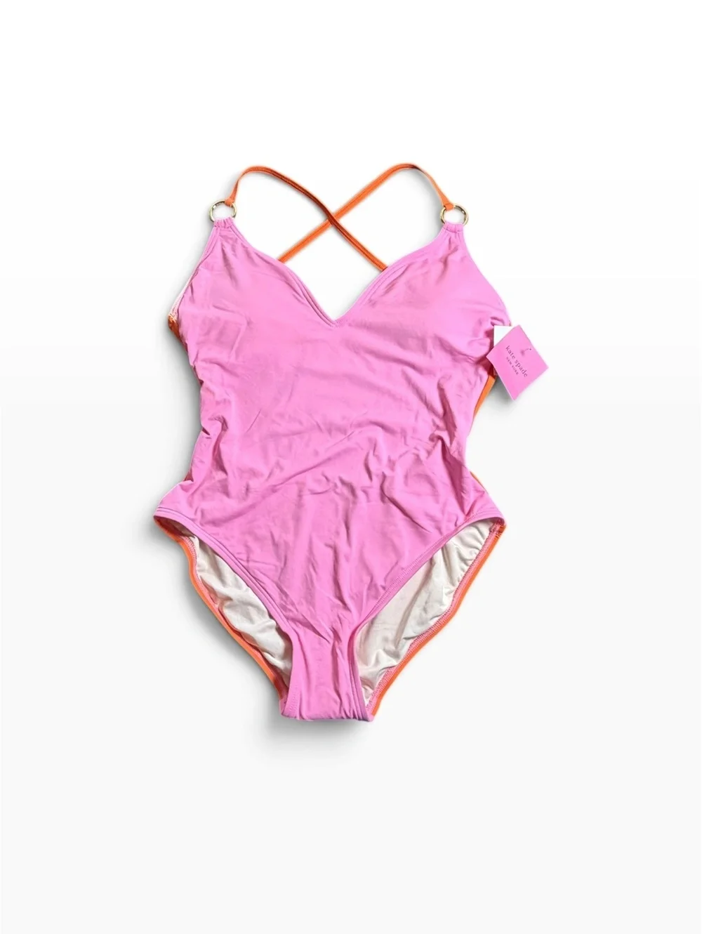 Kate Spade Color Block Plunging V-Neck One Piece Swimsuit Pink Orange $142 NWT
